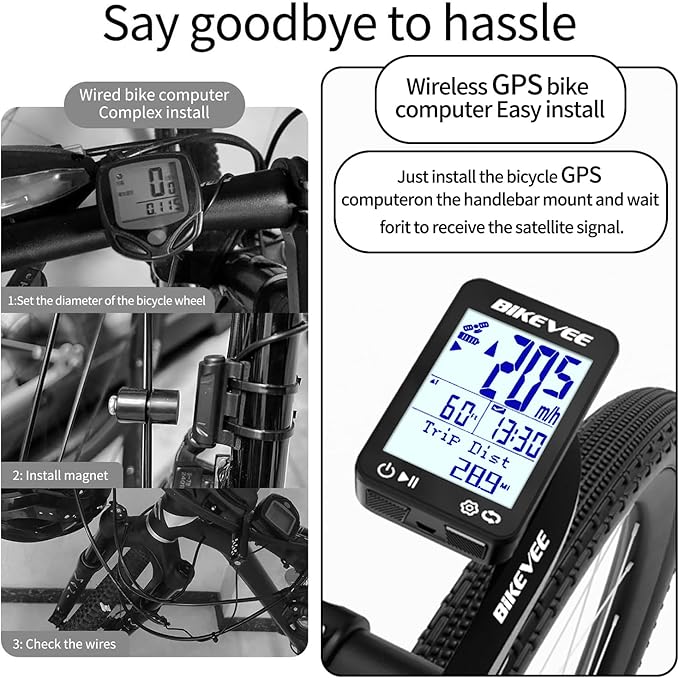 GPS Bike Computer Wireless Bicycle Speedometer Odometer 9 Languages Auto Backlight Auto Start Stop IPX7 Waterproof 2.4 Inch LCD Supports MPH KMH