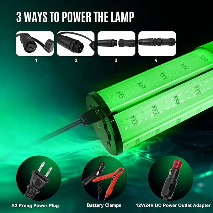 NS 60W 7500LM グリーン水中集魚灯、110V AC & 12V DC デュアル電源、LED水中ドック&ボートライト、クラッピー、池、カヤック用防水海水魚誘引キット