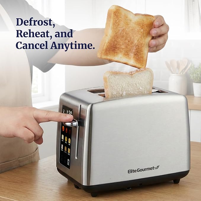 Elite Gourmet 2-Slice Toaster with Digital Countdown, Extra-Wide Slots for Bagels & Thick Bread, One-Touch Presets, Stainless Steel, Defrost/Reheat/Cancel