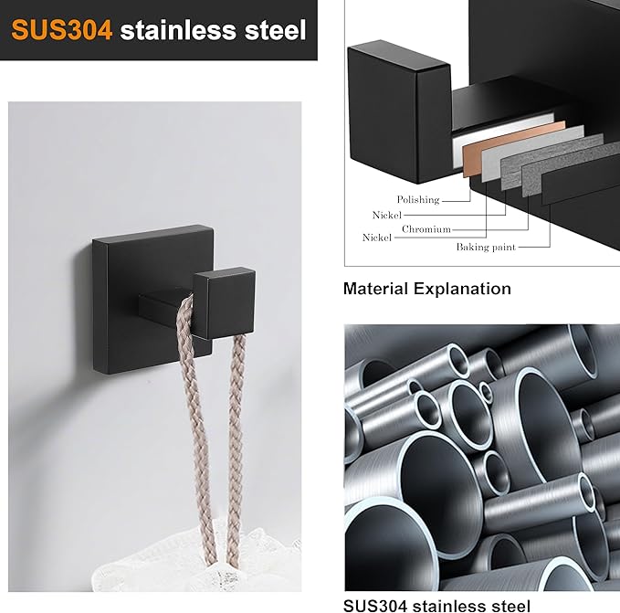 Nolimas Towel Hook Stainless Steel Bathroom Rustproof Clothes Towel Coat Hook Wall Mounted Square Toilet Kitchen, Heavy Duty Door Hanger, 6 Pack, Matte Black