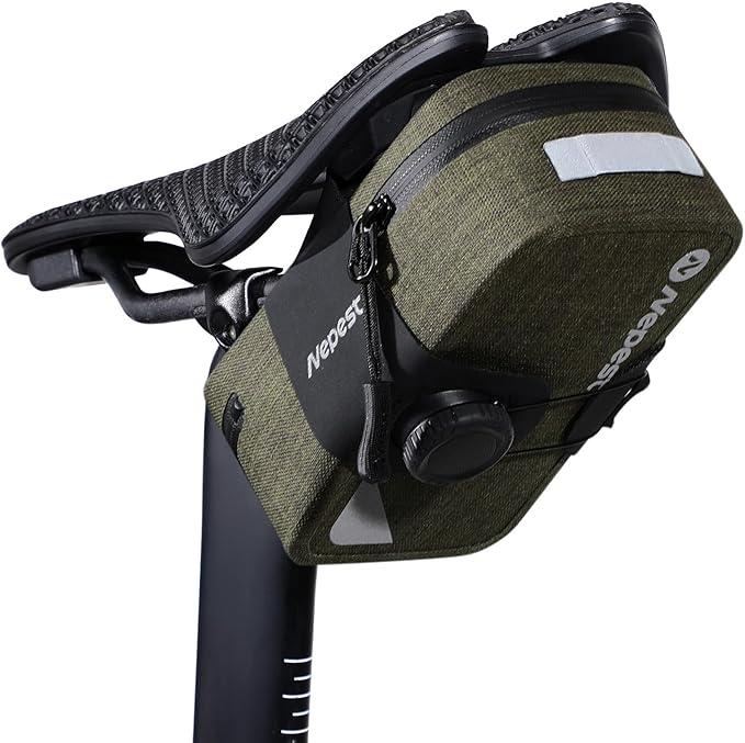 Nepest Bike Saddle Bag Waterproof 0.6L Bike Seat Bag with Knob Closure Reflective Portable Under Seat Storage for Road, Gravel, Mountain Bike, Army Green