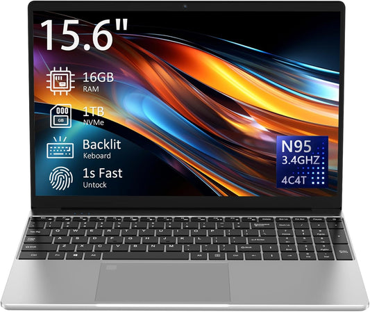 15.6" Laptop Computer Notebook, 4-Core N95 Processor, FHD Display, Backlit Keyboard, Fingerprint, Webcam, Bluetooth, WiFi, Win 11 Pro, 10TB Upgradeable, T152A, 16GB RAM, 1TB SSD, Silver