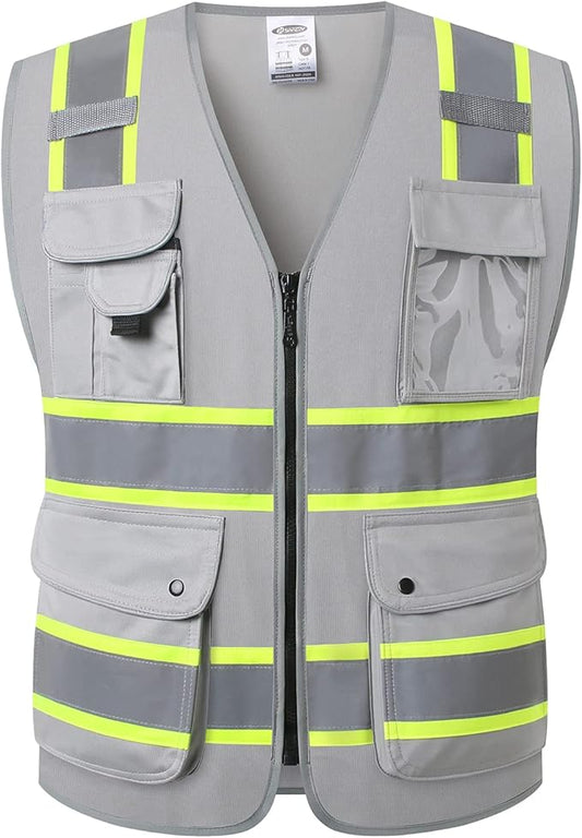 JKSafety 9 Pockets Hi-Vis Fluorescent Color Zipper Front Safety Vest with Neon Color Extended Yellow Trims for Men and Women Work Safety Utility (901-Grey 3XL)