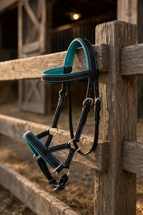 CHALLENGER Horse Western Leather Teal Padded Bitless Sidepull Bridle Reins 77RS33TL-F
