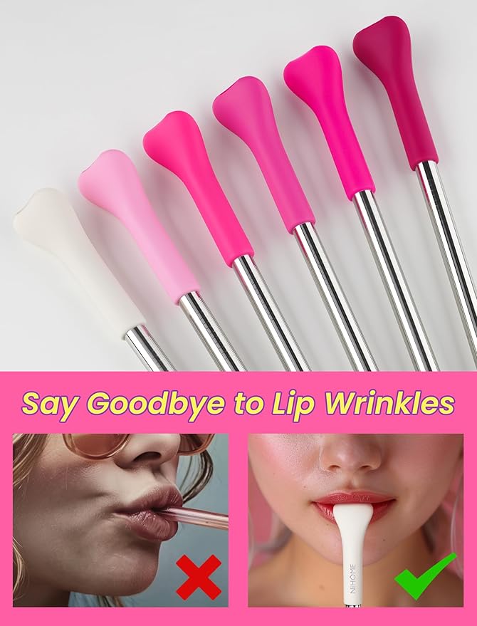 NiHome 6PCS Anti Wrinkle Straws with Silicone Widen Flat Tip Drinking Metal Straw, Fit for Stanley 20/30/40 oz Tumbler, Reusable Wrinkle Free Stainless Steel Long Straw, 2 Brushes & Carry Bag (Pink)