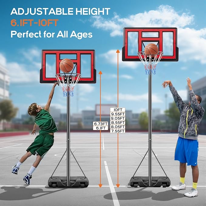 Portable Basketball Hoop Outdoor, Adjustable Basketball Hoops Goal System Shatterproof Backboard, Shock Absorbent Rim, Fillable Base for Swimming Pool/Backyard/Driveway