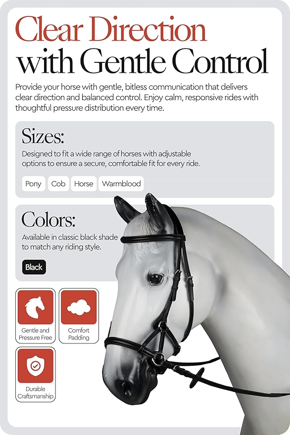 HORZE Denver Soft Leather English Side Pull Bitless Bridle for Horses | Web Reins Included