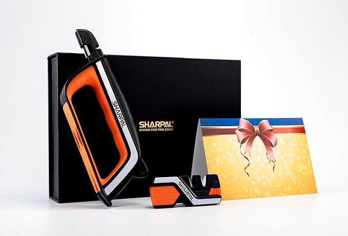 SHARPAL ポケットナイフ・ガーデンツールシャープナー – ストレートナイフ・波刃ナイフ、芝刈り機ブレード、斧、剪定ばさみ、ハサミ用シャープナー、お祝いカード付きコンボギフトパック