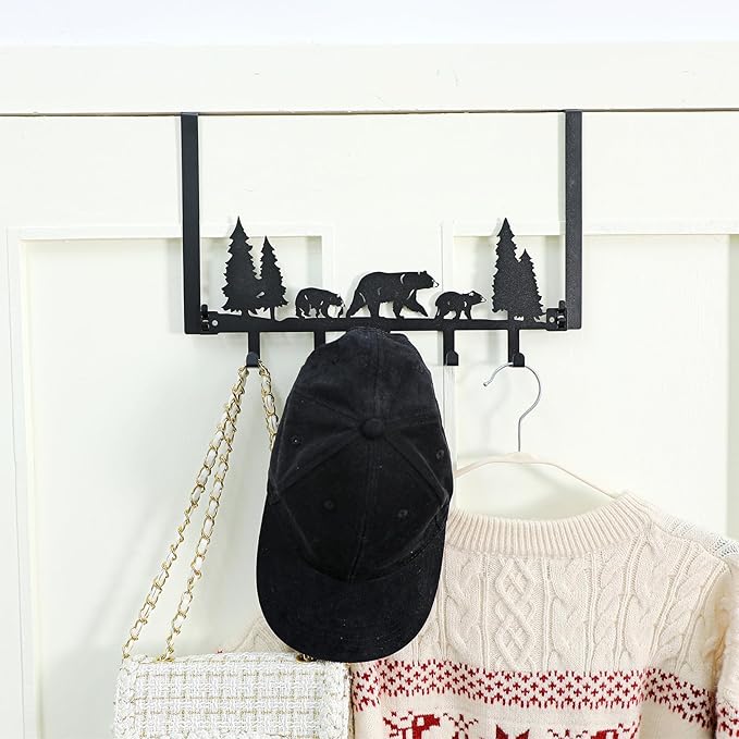 Cabin Bear Over The Door Hooks Hanger Wall Mount Towel Hanger Door Holder Organizer 5 Hooks Kawaii Farmhouse Rustic Coquettish Style Decor for Bedroom Bathroom Towel Hat Clothes