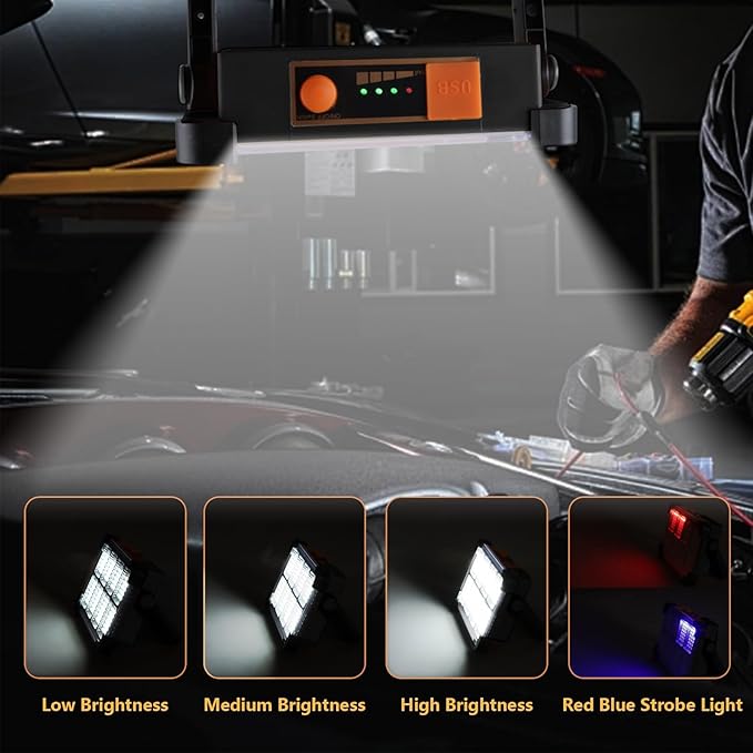 120W ソーラー充電式ワークライト、144LED ポータブル投光器スタンド付き、IP66防水 4モード LED 作業灯、メカニック、キャンプ、釣り、車の修理用懐中電灯（ブラック 1パック）