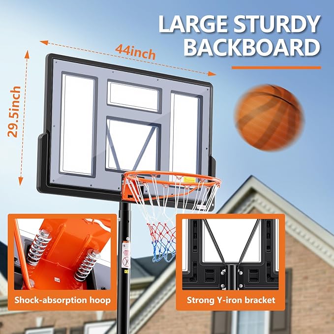 Sweetcrispy Portable Basketball Hoop Outdoor 6.1-10FT Adjustable Height, 44 Inch Shatterproof Backboard/Shock Absorbent Rim, Fillable Base, 2 Wheels for Backyard/Driveway