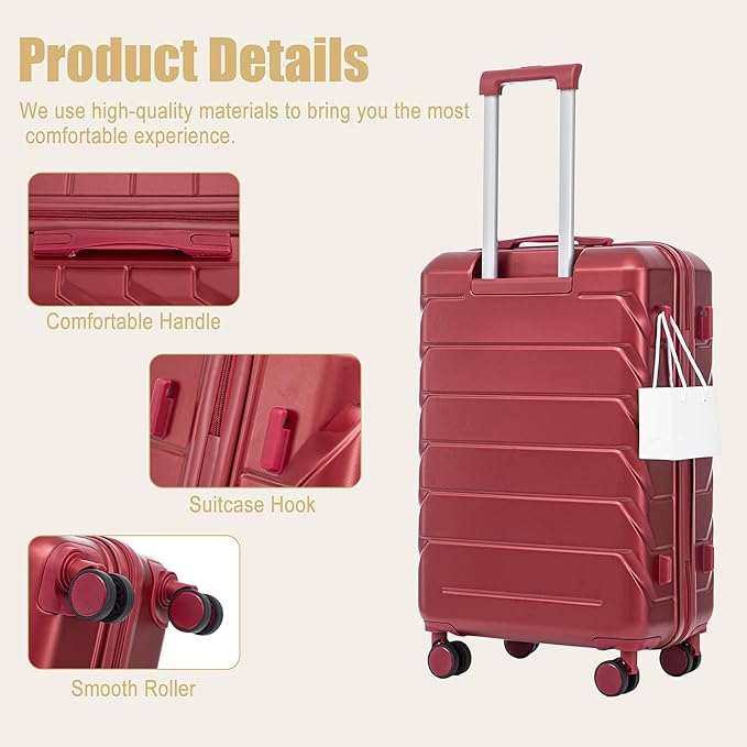 28 Inch ABS Hard Shell Large Luggage With Combination Lock and Side Hooks, Red