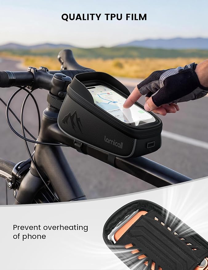 Lamicall Bike Frame Bag Waterproof - [1.6L Large Capacity] Bike Phone Bag, Bike Phone Holder Mount, Bicycle Front Bag, Cycling Pouch with Rain Cover, Bike Accessories for Phones Under 7"