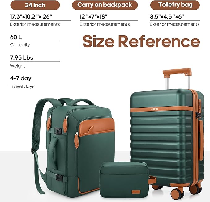 UKEIN Luggage Sets 3 Piece, PC Hardside Large Luggage 24 Inch With Spinner Wheels with TSA Lock, Carry On Suitcase Set With Travel Backpack for Men (Green, 3 piece set (24inch))
