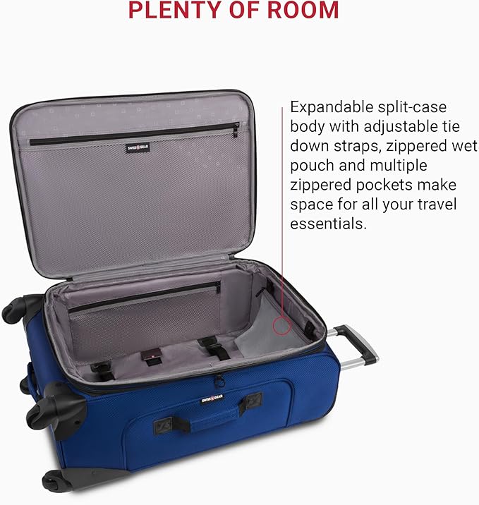 SwissGear Sion Softside Expandable Luggage – Medium Checked Suitcase with 360 Degree Wheels & Retractable Handle – 25 Inch, Perfect for 1-7 Night Trips – Blue
