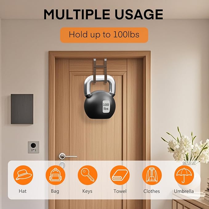 FYY Over The Door Hooks - 4 Pack Heavy Duty Dual-Hook Organizer Hanger with Non-Slip Rubber for Towels, Clothes, Hats & Bags Use in Bathroom, Bedroom, Kitchen - Fits Interior Doors Up to 1 3/8" Brown