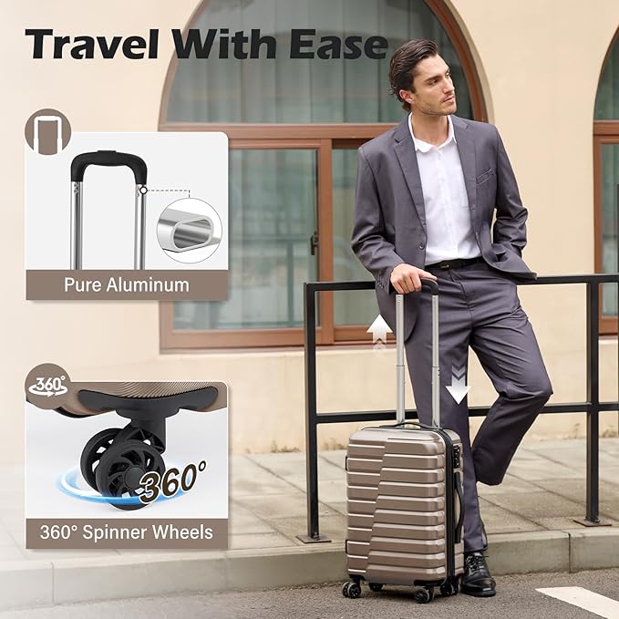 Coolife Carry On Luggage Airline Approved with Spinner Wheels, Hard Shell Suitcase TSA Lock Lightweight Travel Luggage 20-inch,Brown