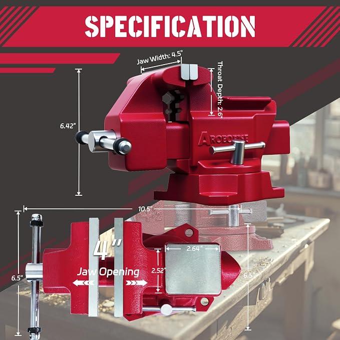 4.5"Bench Vise, 4"Jaw Opening 210° Swivel Base 2.6" Throat Depth