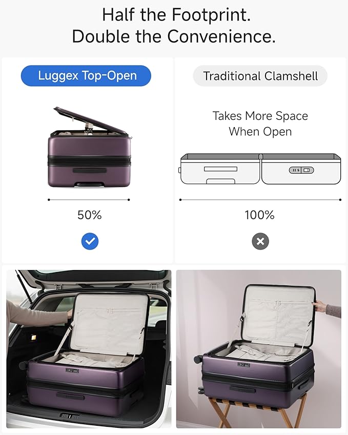 LUGGEX スピナーホイール付きチェック用スーツケース、FLO5 拡張可能ポリカーボネート製ハードシェル TSAロック付き (FX-Core、パープル、28インチ)