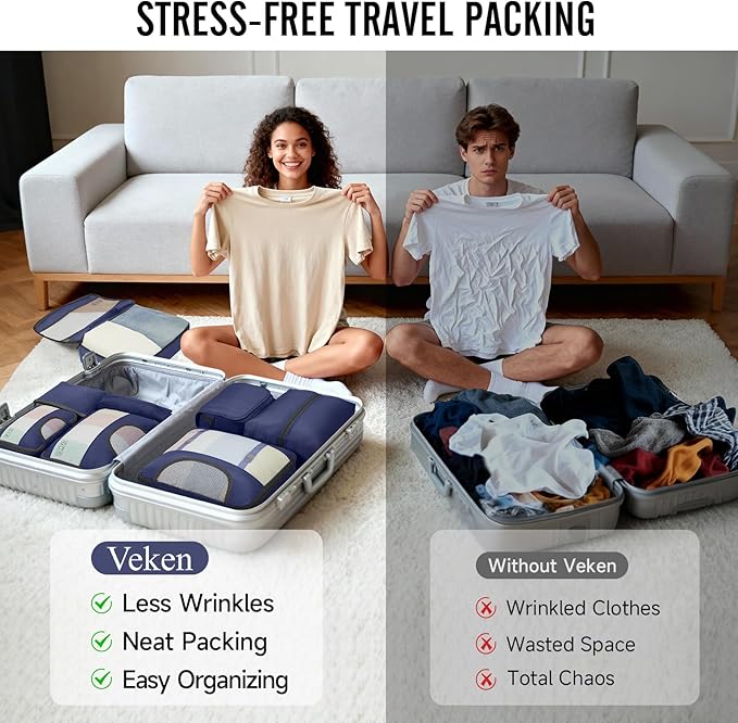 Veken パッキングキューブ10点セット 旅行必需品 スーツケース整理バッグ 4サイズ 機内持ち込み手荷物アクセサリー 大型ランドリー＆吊り下げ式トイレタリーバッグ付き 飛行機、ロードトリップ、キャンプの必需品