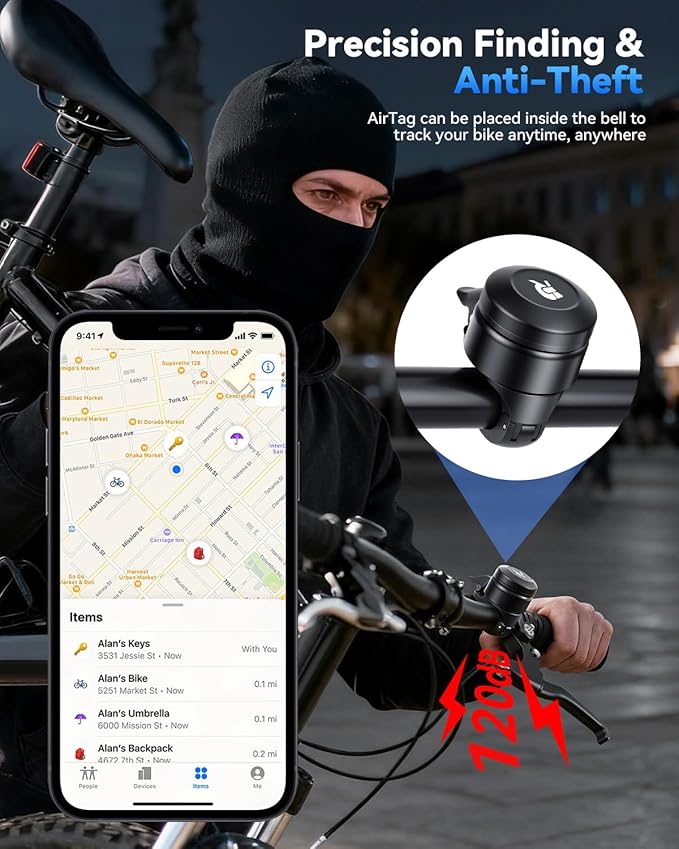 Bike Bell for Apple AirTag 120dB, Hidden Bicycle Holder GPS Tracker Bicycle Bell Anti-Theft, Waterproof Bike Bells for Kids & Adults, Fits 0.87in/22.2mm Handlebars Cycling Bike Accessories
