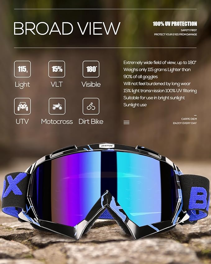 Motorcycle Glasses Goggles Dirt Bike Motocross Safety ATV Tactical Riding (Blue Black, Adult)