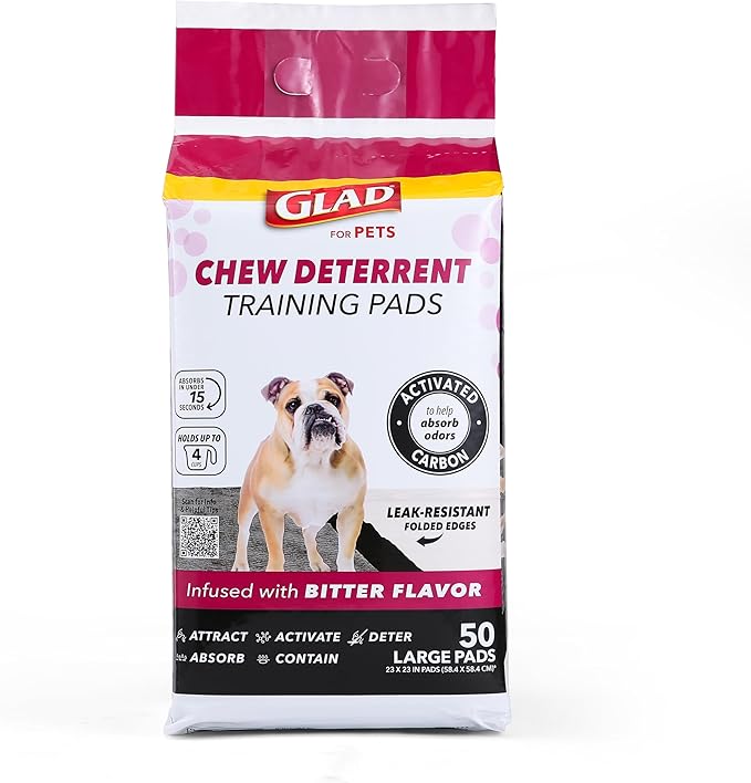 Glad for Pets Activated Carbon Puppy Training Pads with Chew Deterrent and Attractant, Odor Control, 23 x 23 Inch Disposable Dog Pee Pads, 6-Layer Leak-Resistant Potty Pads, 50 Count