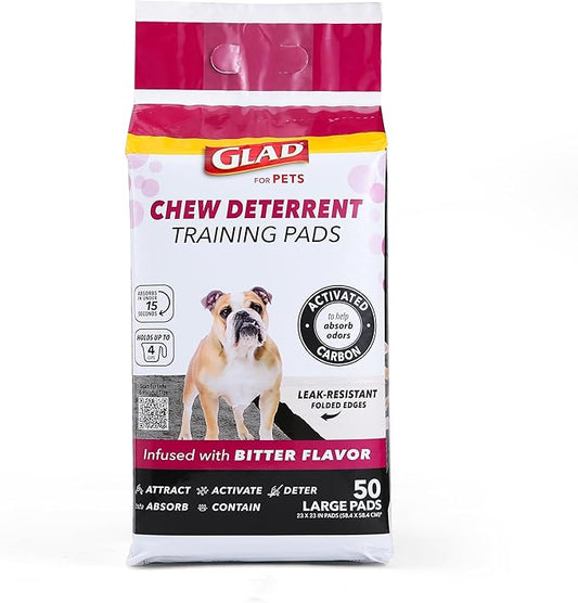 Glad for Pets Activated Carbon Puppy Training Pads with Chew Deterrent and Attractant, Odor Control, 23 x 23 Inch Disposable Dog Pee Pads, 6-Layer Leak-Resistant Potty Pads, 50 Count