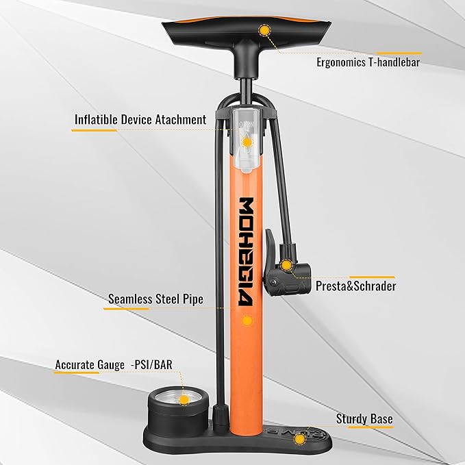 MOHEGIA Bike Floor Pump with Gauge: Air Bicycle Pump with High Pressure 160 PSI,Fits Schrader and Presta Valve -Inflator with Ball Pump Needles for MTB Road Bike, Ball, Balloon, Inflatables