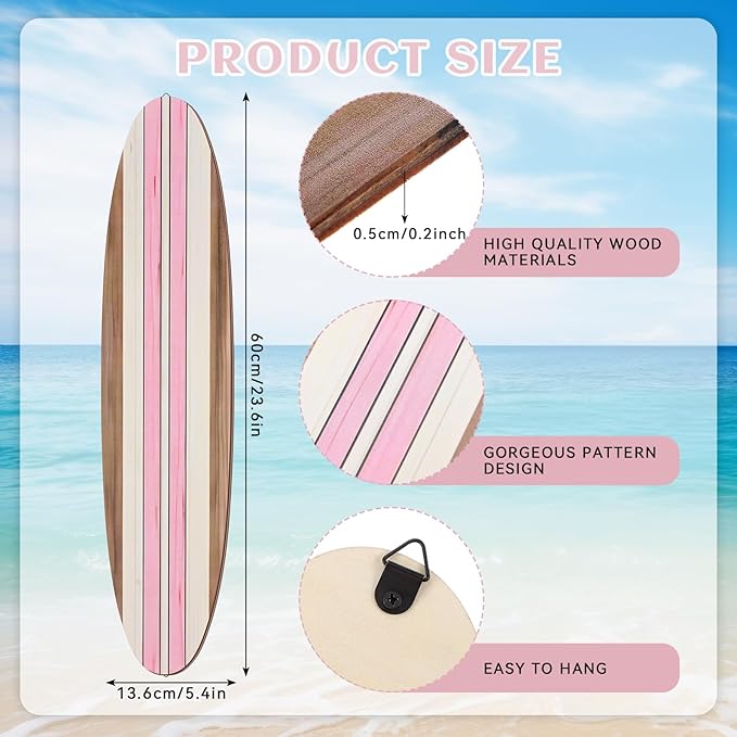 Gerrii 3 Pieces Surfboard Wall Decor 23.6" x 5.4" Preppy Beach Room Decor Aesthetic Large Wooden Cute Beachy Tropical Wall Art for Surfer Bedroom Bathroom Decorations(Pink,Stripe)