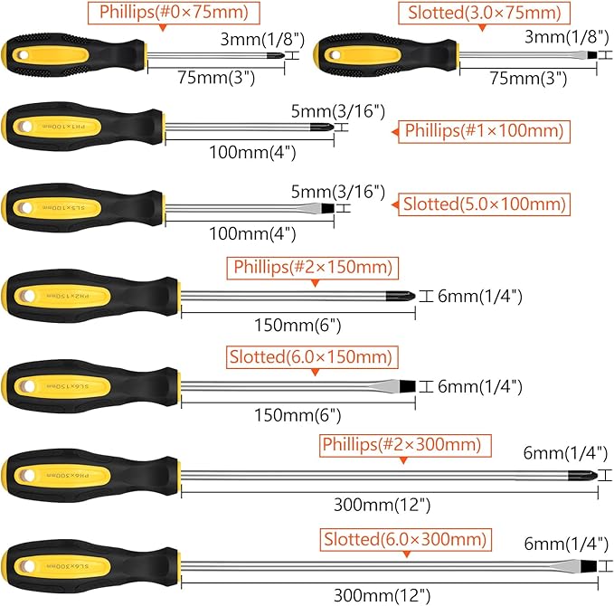 9pcs Magnetic Screwdrivers Set, Including 12in Phillips and Slotted Screwdrivers, with Non-Slip Cushioned Handle Grip