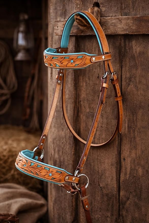 CHALLENGER Horse Western Tan Leather Floral Tooled Bitless Sidepull Bridle Reins 77RS34TN
