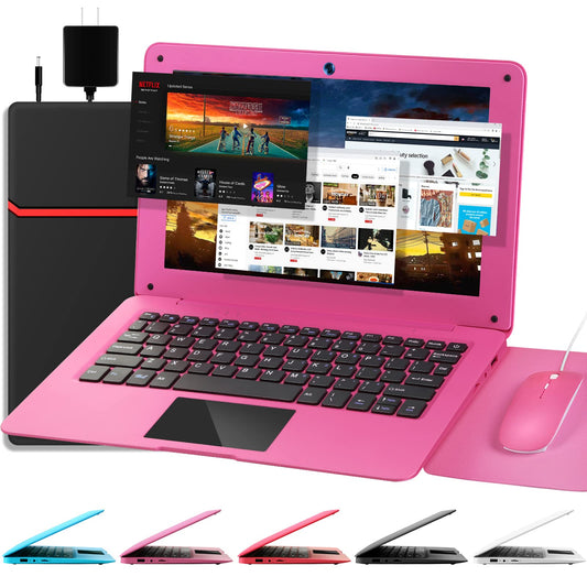 Laptop Computer(10.1 inch), Quad Core Powered by Android 12.0, Netbook Computer with WiFi, Webcam and Bluetooth, Mini Laptop with Bag, Mouse, and Mouse Pad for Kids and Adults（Pink）