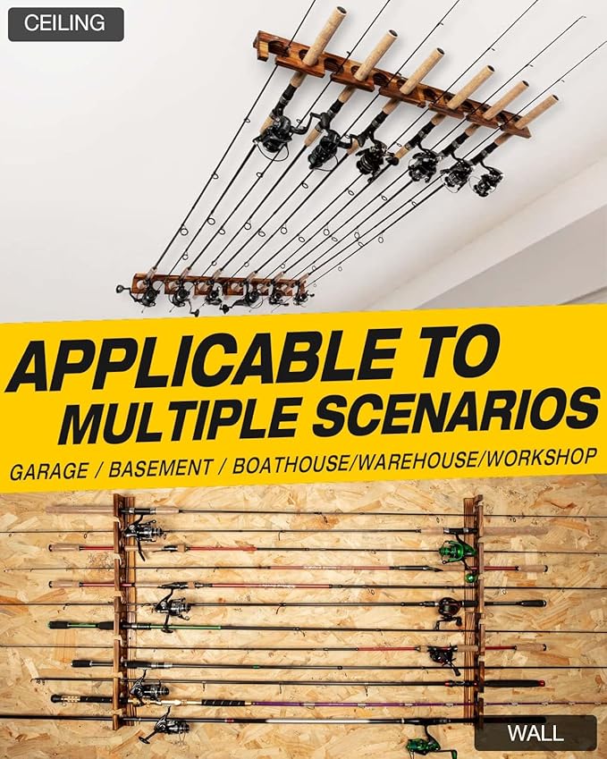 Ghosthorn Holds Up to 18 Rods Fishing Pole Rod Racks Wall or Ceiling Mounted Fishing Pole Rod Holders for Garage Storage Organizer Fishing Gear Equipmen for Men Women