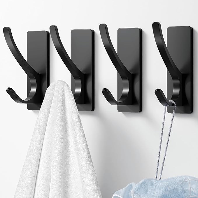 10-Pack Self Adhesive Towel Hooks: Extra Strong 13LB, Stainless Hook for Hanging Loofah, Towels, Coat, Bath Robe Bathroom Shower, Black