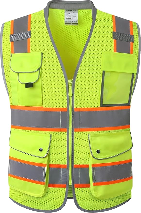 JKSafety 9 Pockets Hi-Vis Safety Vest Breathable Mesh Fabric Cushioned Collar Work Utility PPE Lightweight Industrial Work Gear ANSI/ISEA compliant (101-Yellow S)