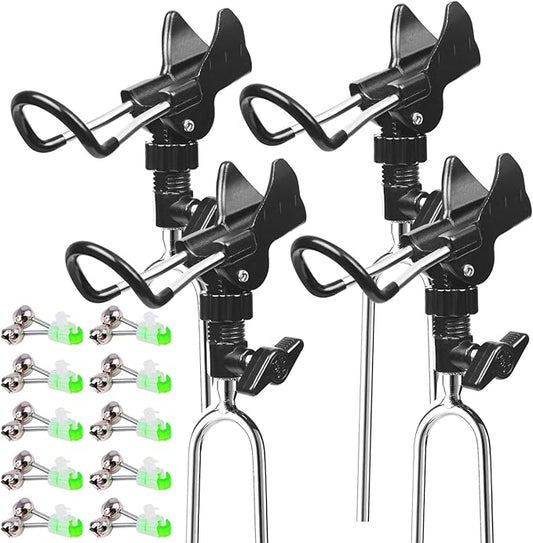 Aluminum Bank Fishing Rod Holder with 10 Fishing Bells - Heavy Duty Ground Spike Fish Pole Stand Rack for Shore, Surf, Beach Fishing - Great for Men
