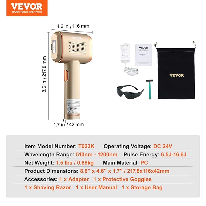 VEVOR Intense Pulsed Light (IPL) System Hair Removal, IPL Hair Removal for women and men, Permanent Sapphire Cooling Hair Removal Device for Nearly Painless Home Use, Auto/Manual Modes