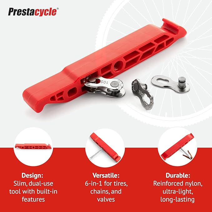 Prestalever GO – 5-in-1 Multi-tool Tire Lever for Bikes, IndeGO Purple, Tire Remover, Installer, Presta Valve Core Tool, Quick-Link Chain Breaker & Tubeless Tire Plugger Adapter