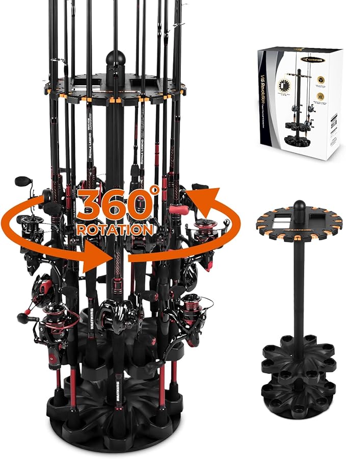 KastKing V16 Rotating Fishing Rod Holder for Garage, Floor Rack Holds Up to 16 Rods & Combos, Space-Saving Pole Organizer with Foam, Durable ABS, Fishing Gear Storage Gift for Men