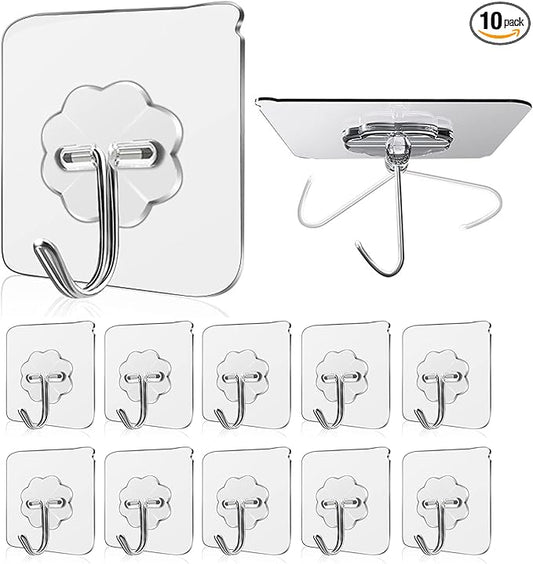 Wall Hooks - 33 lbs Max, Transparent, Seamless, Waterproof & Oilproof, Heavy Duty Adhesive Coat & Towel Hooks (10 Pack)