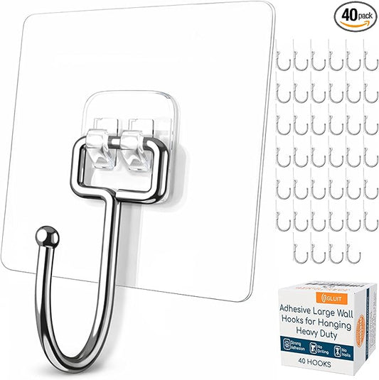 GLUIT Adhesive Large Wall Hooks for Hanging Heavy Duty 22 lbs Hooks for Walls No Damage, Towel Sticky Clear Hooks, Waterproof, Home, Bathroom, Kitchen, Office, and Outdoor 40 Pack