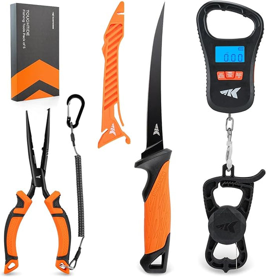 KastKing ToughTideフィッシングツールキット。充電式デジタルフィッシュスケール（リップグリップ＆巻尺付き）、7インチフィレナイフ（シース＆シャープナー付き）、8インチスプリットリングフィッシングプライヤー