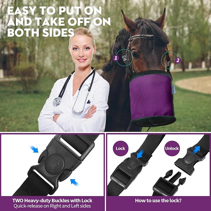 Horse Feed Bag for Grain, Breathable Mesh Feed Bags for Horses, Muzzle Feedbag for Feeding Grain, Anti-Spill Design Feeder, Soft Neck Pad Nose Pad, Universal Fit (Purple Pack of 1)
