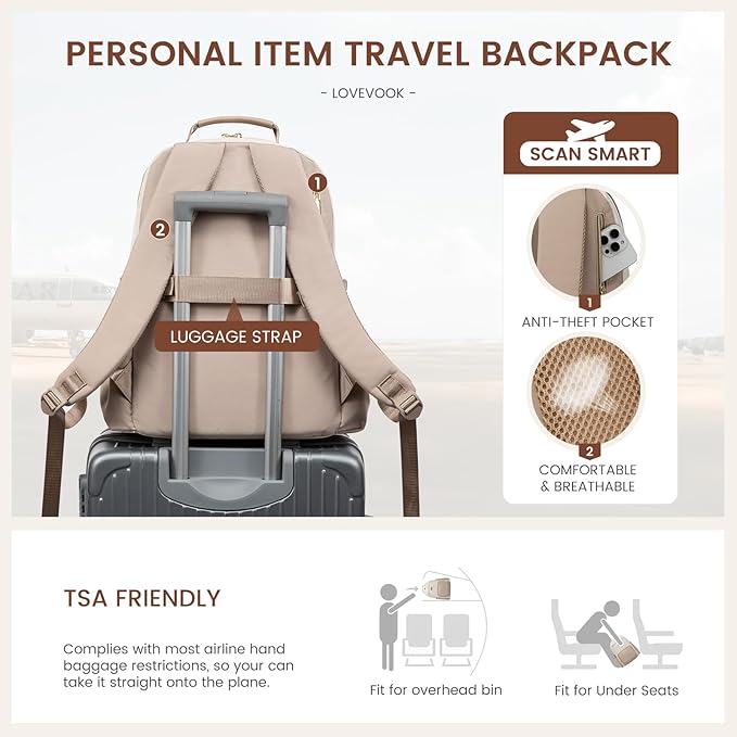 LOVEVOOK Laptop Backpack for Women with Pouch Pocket for Large Capacity Cup,17 Inch Laptop Computer Bag Travel Backpack Purse,Waterproof Work Business College Teacher Backpack,Beige-Nude-Logam Plum