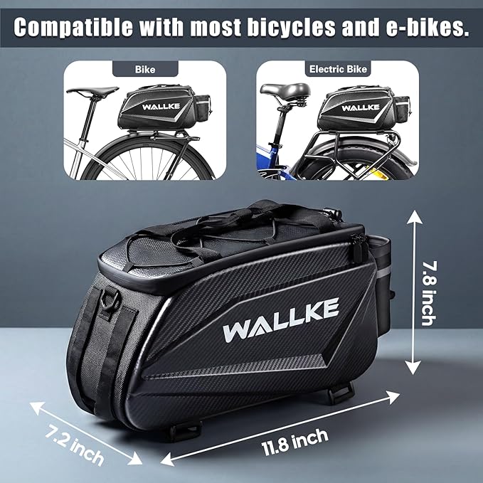 Wallke Hard Shell Bike Bag, 12L Ebike Bag for Bike Rear Rack, Waterproof Bike Saddle Bag with Reflector/Shoulder Strap/Rain Cover, Bike Panniers for Commuter Cycling Travel Wallke Ebike H9 Ultra H7