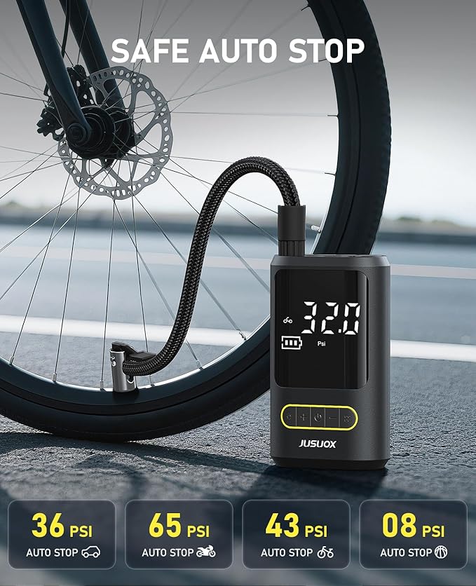 JUSUOX Tire Inflator Portable Air Compressor, Electric Bike Pump with Digital Pressure Gauge, 150 PSI Cordless Air Pump for Car Tires, Motorcycle, Bicycle, Ball with Auto Shutoff, LED Light