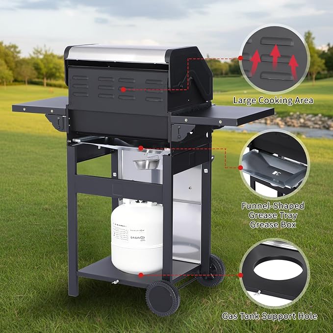 3-Burner Propane Gas Grill, 30,000 BTU Outdoor BBQ Grill with Double-Layer Stainless Lid & Cast Iron Grates, Easy-Clean System for Even Heat, Foldable Side Shelves