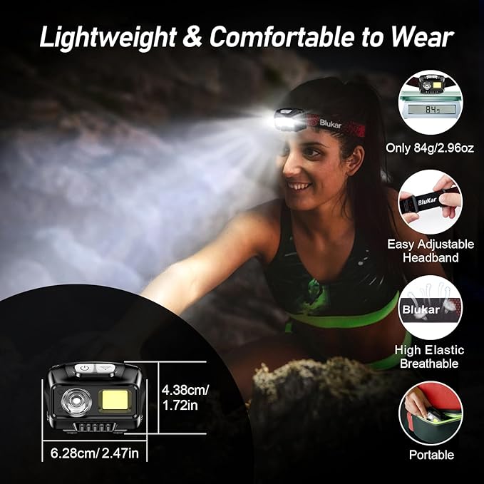 Blukar LEDヘッドランプ 充電式 2000ルーメン 超高輝度 調光可能 ヘッドライト 懐中電灯 モーションセンサー付き - 8モード スポットライト＆フラッドライト IPX5防水 キャンプ ハイキング ランニング 釣り用
