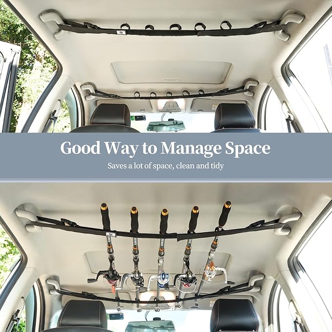 Vehicle Fishing Rod Holder, Car Fishing Pole Roof Rack Inside, 5 Rod Capacity, Heavy Duty Adjustable 30-54 Inch, Fishing Rod Carrier Fishing Pole Storage Straps for Truck Car SUV Wagons Van
